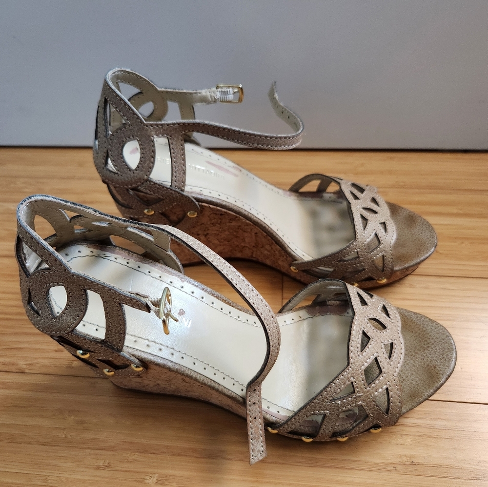 Chic Taupe Wedge Sandals with Intricate Cut-Out Design